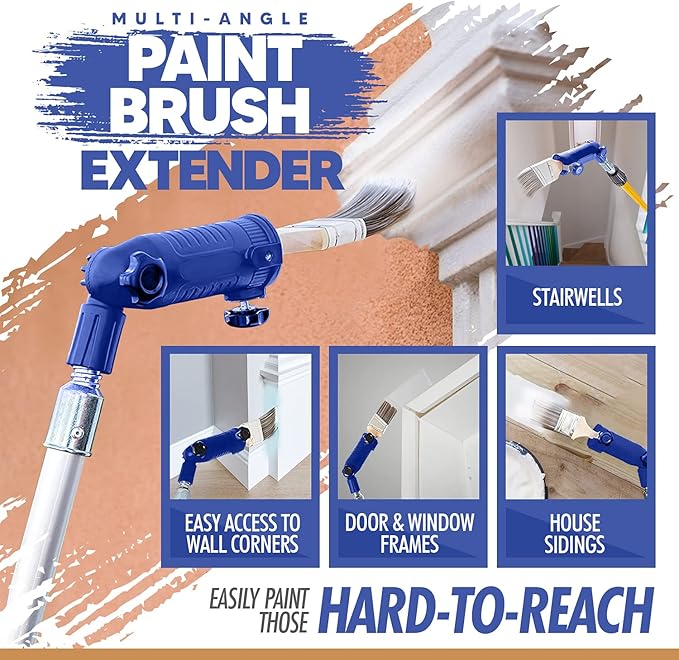 Multi-Angle Paint Brush Extender - Extension Pole Attachment Holder for Paint Brush, Roller, Scraper - for Walls, Trims, Corners, Ceilings & Hard to Reach Areas - Rotating Head, Secure Handle Grip