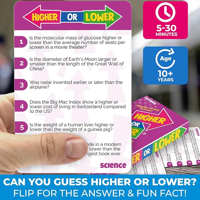 QUOKKA Trivia Board Games for Kids and Adults - Version V2.0 - Family Night Science Games 4xSet Higher or Lower Trivia Cards | Guess Fun Questions | 2 + Players - Challenge Your Science Knowledge