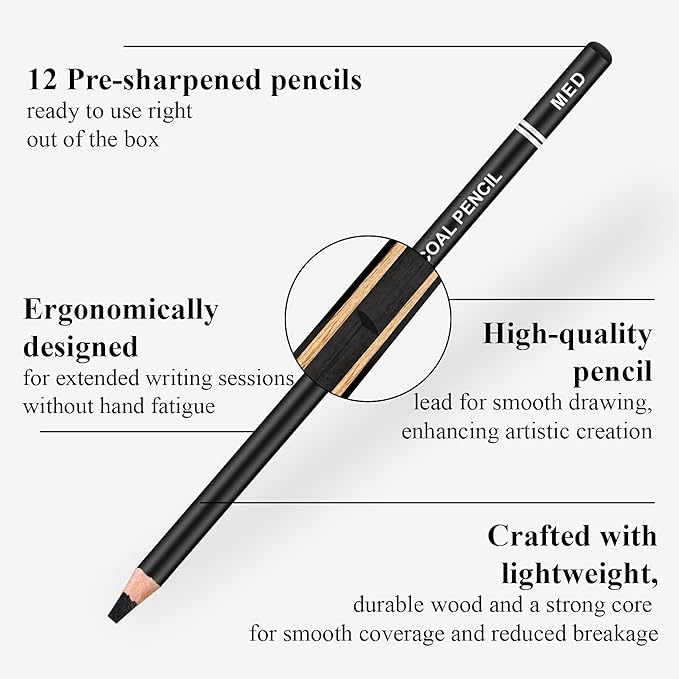 Charcoal Pencils for drawing, Set of 12, Charcoal Drawing Pencils (S-Soft, Soft, Medium, Hard), Art Supplies for Artist, Sketching, Shading