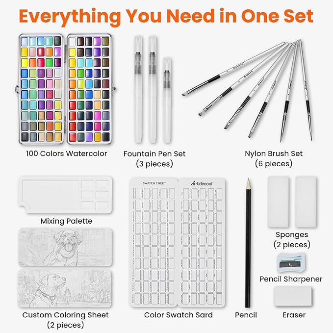 Watercolor Paint Set, 100 Colors, Travel Water Colors kit with 9 Brushes, 3 Swatch Cards, Palette set Including Metallic and Accessories Art Supplies Gifts for Kids Artists Teens Adults and Hobbyists