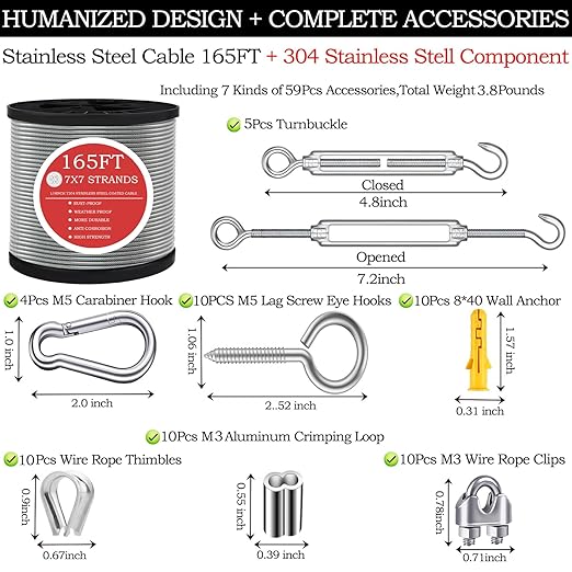 165FT Steel Cable Kit | M5 Turnbuckle & 1/8" Stainless Steel Wire Rope