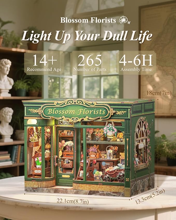 Cutefun Book Nook Kit - DIY Miniature House Dollhouse Kit, Book Nook Kits for Adults, Bookshelf Insert Bookend with LED Light for Teens and Adults (Blossom Florists)