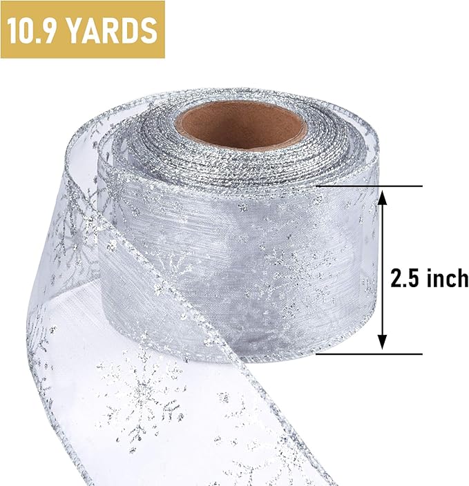 2.5 Inch Wide Christmas Wired Ribbon Snowflake Organza Sheer Glitter Ribbon for Xmas Tree, Wreath, Party Decoration, Gift Wrapping (Silver, 32.7 Foot (Pack of 1))