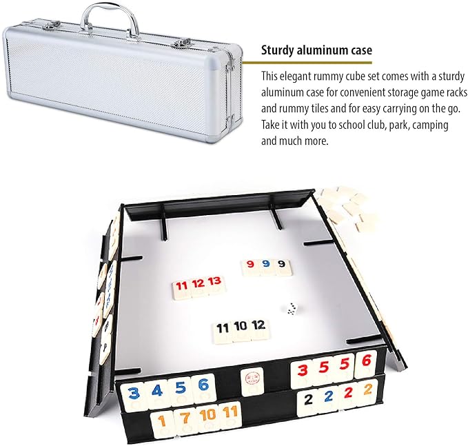 ERLLE - 106 Rummy Tiles Game Set with Aluminum Case. Deluxe Rummy Cube Game for Adults & Families, Includes 4 Anti-Skid Racks, Dice. Travel Board Game for 2-4 Players, Colorful Melamine Tiles.