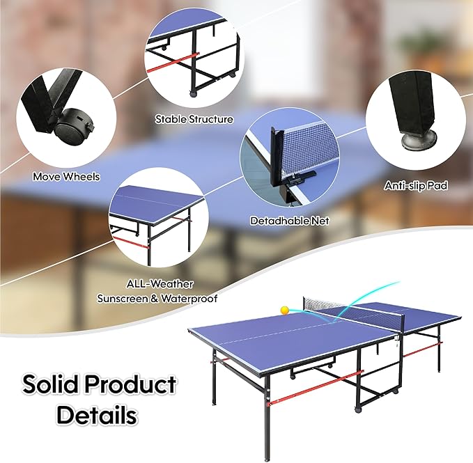 Professional Foldable Ping Pong Table for Indoor & Outdoor - 8FT Mid-Size Table Tennis Table with Net, 2 Table Tennis Paddles and 3 Balls - Quick & Easy Assembly