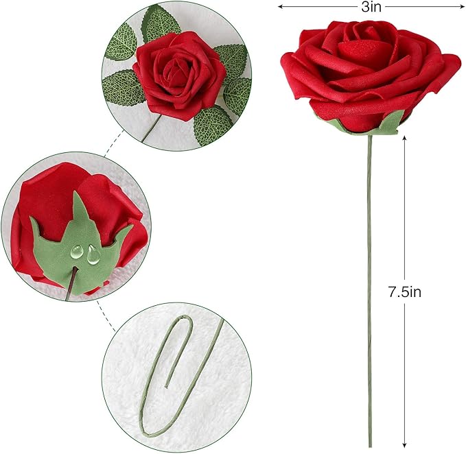 AmyHomie Artificial Flower Dark Red Rose 25pcs Real Looking Fake Roses w/Stem for DIY Wedding Bouquets Centerpieces Arrangements Party Baby Shower Home Decorations