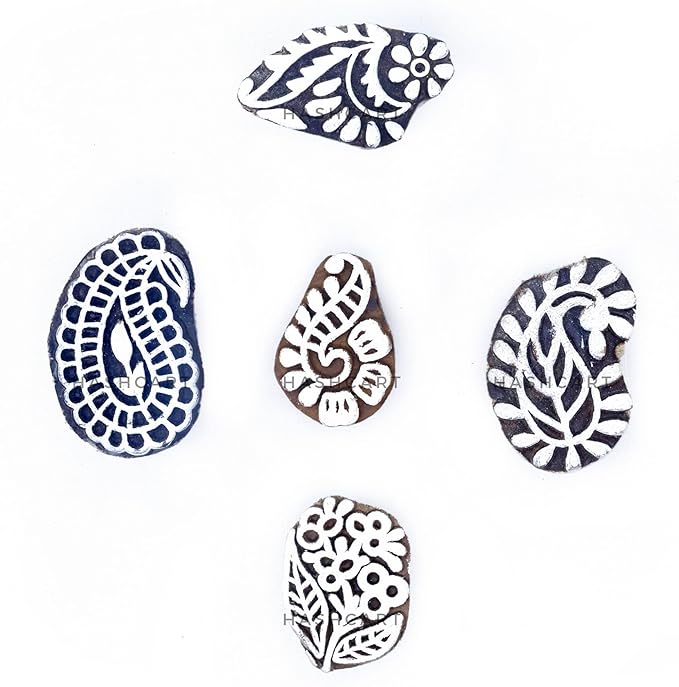 HASHCART® Paisley Shapes Wooden Printing Stamps for Block Print, Handcarved Indian Textile Printing Blocks for Tattoo Saree Border Scrapbooking Kids Paper Clay, Pottery Stamps [ Set of 5 ]