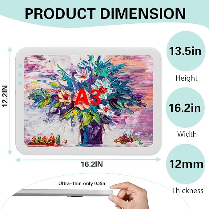 HIUKCOLED Wireless Battery Powered A3 Light Pad, 3 Colors Stepless Dimmable and 6 Levels Brightness Light Board, Rechargeable LED Light Tracing Box for Diamond Painting,Cricut Weeding Vinyl Tools