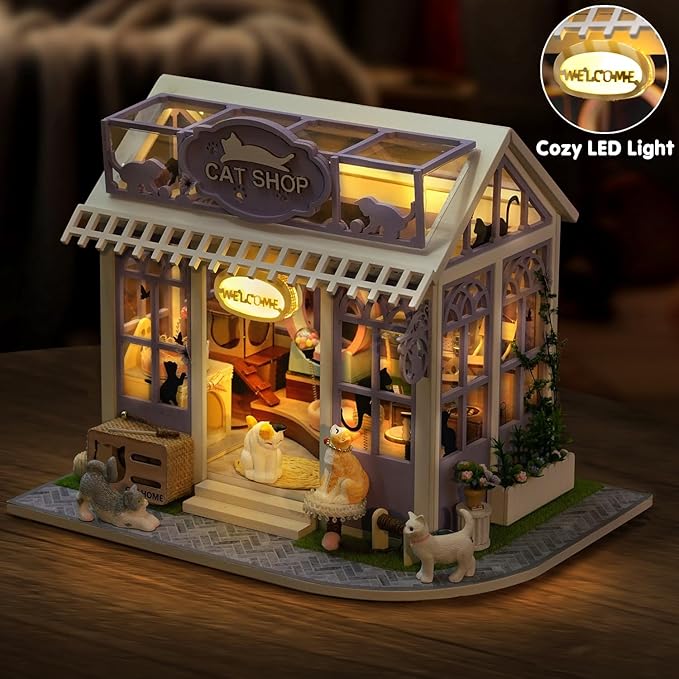 TuKIIE DIY Miniature House Kit with Furniture, 1:24 Scale Creative Room Mini Wooden Dollhouse Book Nook Plus Dust Proof & Music Movement for Kids Teens Adults(Cat Shop)