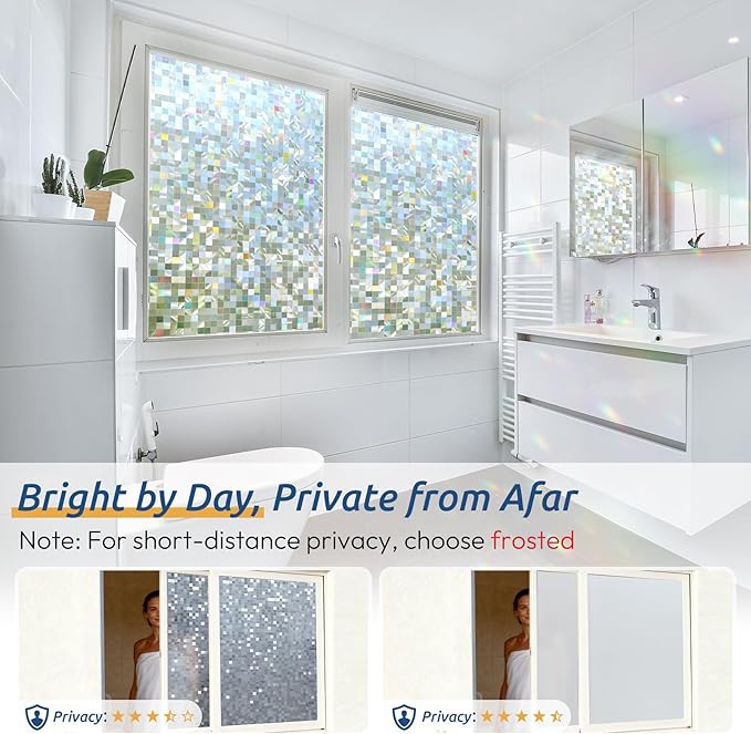 rabbitgoo Stained Glass Window Privacy Film Mosaic Pattern, Frosted Glass Window Film Rainbow Decorative Sticker, Static Cling UV Blocking Suncatcher for Home, 35.4 x 157.4 Inches