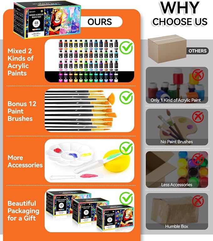 64 PCS Classic & Pastel & Metallic & Glow in the Dark Acrylic Paint Set with 12 Brushes, 2 Knives & Palette, 48 Colors Art Craft Paint for Beginners, Halloween Pumpkin Canvas Ceramic Rock Painting Kit