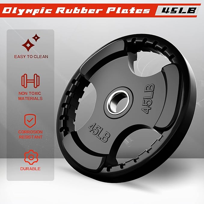 RitFit Olympic Rubber Grip Plates for Barbell, 2-Inch Weight Plates for Weightlifting and Strength Training in Home & Gym, Single, Pair and Sets(2.5/5/10/25/35/45 LB)