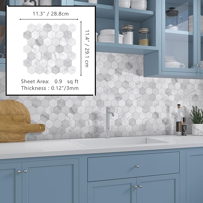 The Tiles Plaza 10-Sheet Peel and Stick Backsplash, Carrara White Hexagon Stone Composite Marble Looks Self Adhesive Wall Tile, Stick On Tiles for Kitchen Bathroom Shower, Cover 9 Sq Ft.