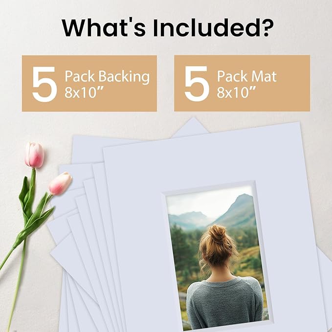Falling in Art 5 Pack Acid Free 8x10'' White Picture Mats Board Show Kit for 4x6'' Photos, 4-Ply Beveled Pre-Cut Photo Mats with Backing Board for Frames, Artwork and Prints