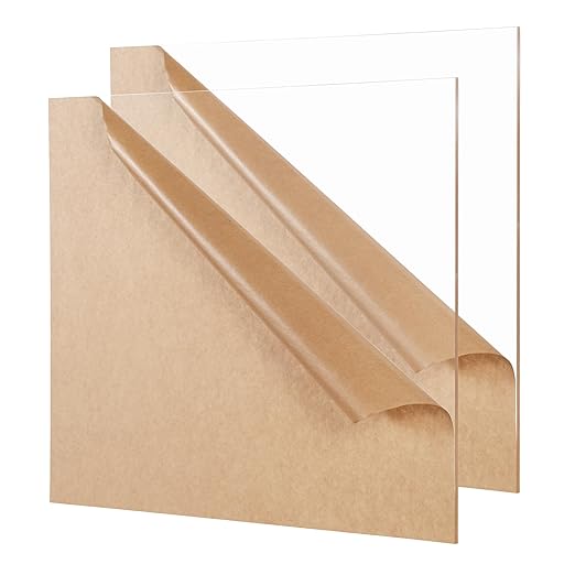 Clear Cast Acrylic Sheet 12" x 12" x 1/8" Thick (3mm), Pack of 2 Plexiglass Square Panel Transparent Plastic Board for Sign, Craft, Display Projects, Laser Cutting, Engrave