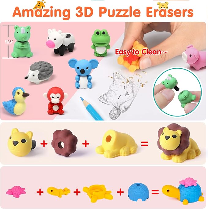 34 Pack Animal Pencil Erasers for Kids, 3D Mini Puzzle Take Apart Erasers, Desk Pets & Treasure Box Toys, Bulk Party Favors, Classroom Prizes, School Supplies, Gift for Boys & Girls