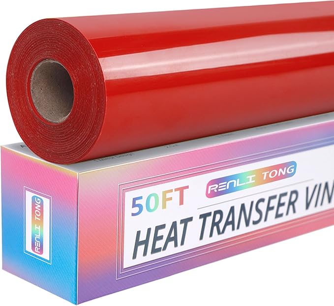 RENLITONG Red Iron on Vinyl 12Inch by 50ft Roll HTV Heat Transfer Vinyl for T-Shirt HTV Rolls for All Cutter Machine - Easy to Cut & Weed for Heat Transfer Design
