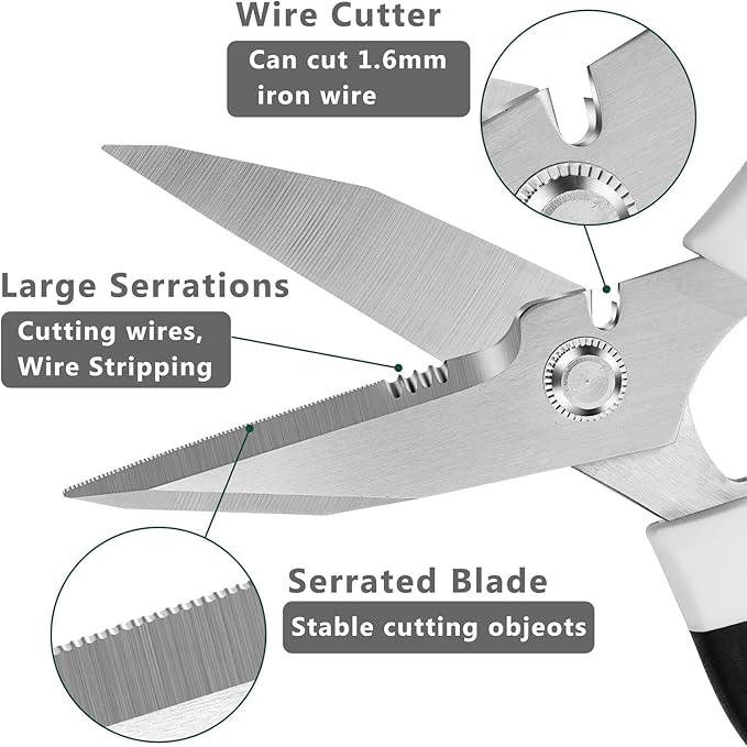 Utility Scissors Heavy Duty: sharp Scissors All Purpose heavy duty, Easy Cutting Carpet, Cardboard, Wires, Leather, Fabric（8'' White）