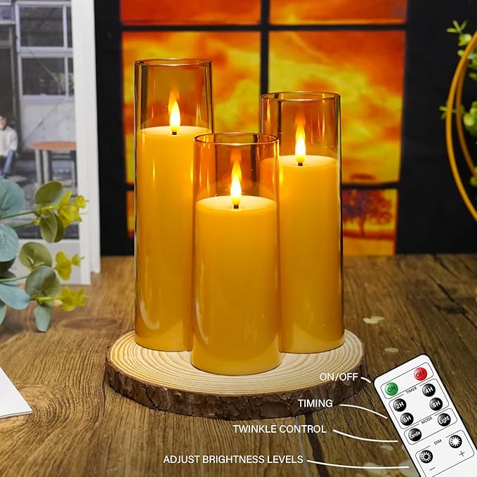 Flickering Flameless Candles Battery Operated with Remote and 2/4/6/8 H Timer Plexiglass Led Pillar Candles Pack of 9 (D2.3 xH 6" 7" 8") with Realistic Moving Wick Candles for Home Decor(Gold)