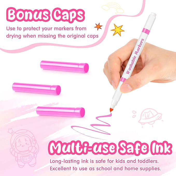 18 Pcs Line Washable Markers Bulk Pink Fine Tip Markers Set Coloring Thin Tip Drawing Washable Pen for Kids Art School Classroom Back to School Gender Reveal Party Supplies, Ages 6+