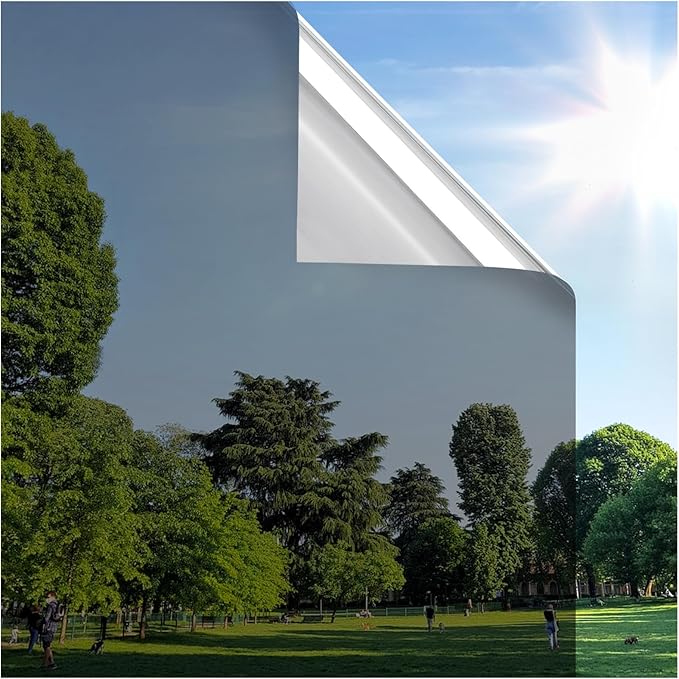 rabbitgoo Window Privacy Film One Way Window Tint for Home, Removable Reflective Heat Sun Blocking Anti UV Glass Door Covering, Mirror Tinting Film House Office, 17.5 in X 9.8 Feet, Black Silver