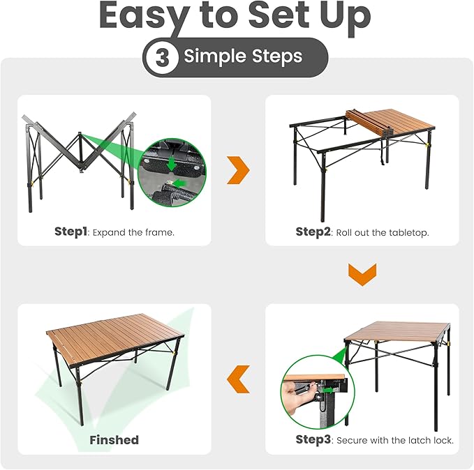 Large 46.4" Camping Table for 2-6 People - 220lbs Capacity Heavy Duty Foldable Outdoor Table with Aluminum Roll-Up Top & Carry Bag, Portable Picnic Desk for BBQ, Tailgating, Backyard (Natural)