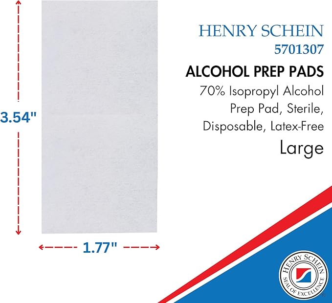 Henry Schein Large Alcohol Prep Pads (200/Box) - 70% Isopropyl Alcohol Wipes, Individually Wrapped - 2 ply, Textured - Skin Prep Alcohols Swabs - Sterile Pads