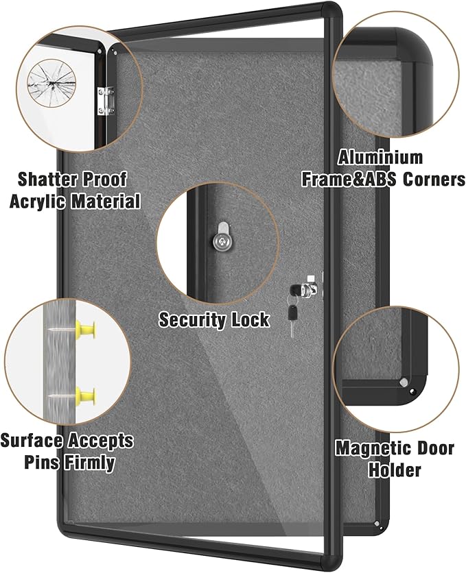 36"x24" Enclosed Bulletin Board, Lockable Weather-Resistant Aluminum Cork Noticeboard for School & Office, Black Frame w/Grey Flet