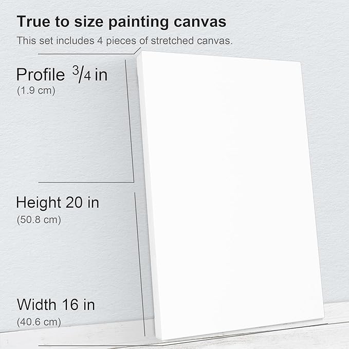 PHOENIX 16x20 Inch 4 Pack Artist Canvas - Large Stretched Canvases for Painting - 3/4 Inch Profile, 100% Cotton 11 Oz. Gesso Primed White Blank Professional Canvas Oil & Acrylic Paints