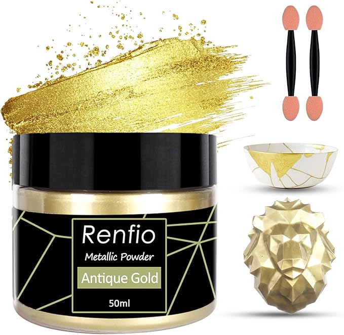 Renfio Metallic Pigment Powder,Gold Mica Powder for Resin,50ml Antique Gold Resin Color Pigment for Kintsugi,Polymer Clay,Crafts,Slime,Candle,Nail,Paint,Fabric,Festival,Decoration