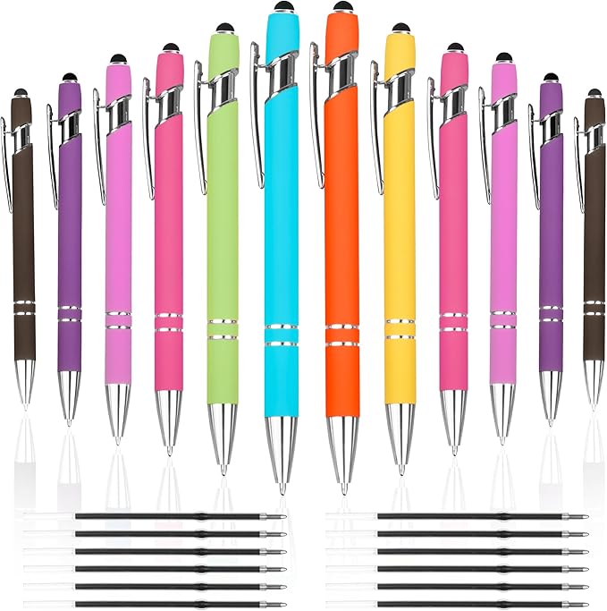 12 PCS 2 in 1 Stylus Ballpoint Pen with Stylus Tip, 1.0 mm Black Ink Metal Pen Stylus Pen for Touch Screens (Silver & Mix - 2)