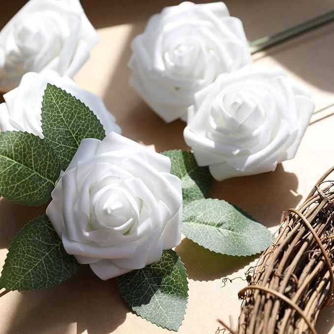 AmyHomie Artificial Flowers White Rose 100pcs Real Looking Fake Roses w/Stem for DIY Wedding Bouquets Centerpieces Arrangements Party Baby Shower Home Decorations