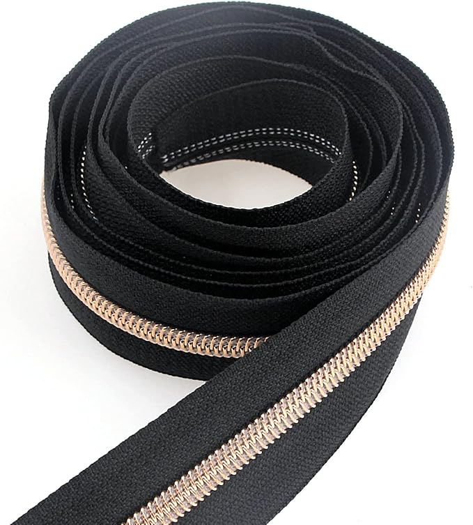 Leekayer #5 Rose Gold Metallic Nylon Coil Zippers by The Yard Bulk 10 Yards Black Tape with 25pcs Rose Gold Sliders for DIY Sewing Tailor Craft Bag(Black)