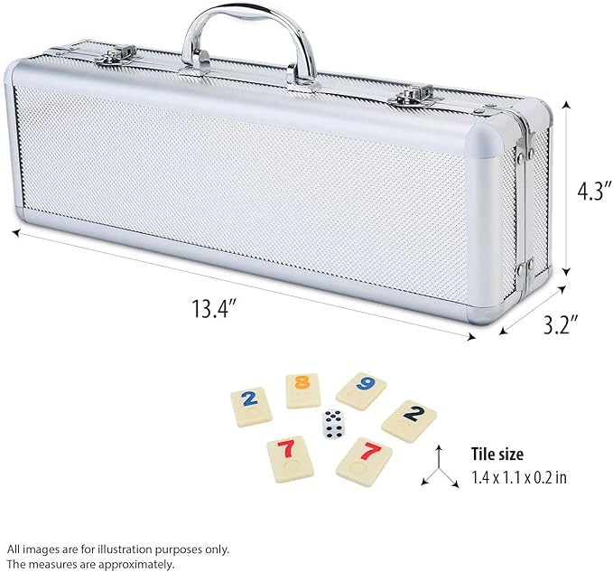 ERLLE - 106 Rummy Tiles Game Set with Aluminum Case. Deluxe Rummy Cube Game for Adults & Families, Includes 4 Anti-Skid Racks, Dice. Travel Board Game for 2-4 Players, Colorful Melamine Tiles.