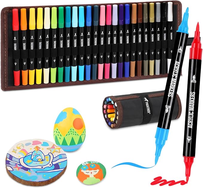 24 Colors Acrylic Paint Markers, Dual Tip with Fine Tip and Brush Tip Pens for Stone, Wood, Calligraphy, Canvas, Ceramic, Metal, Glass, Rock Painting, DIY Crafts Art Supplies Kit