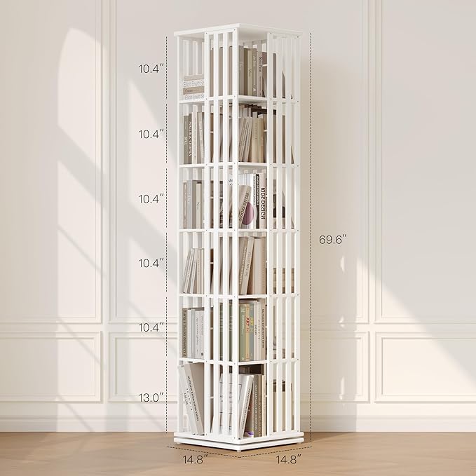 YOWOS Rotating Bookshelf Tower, 360 Display Spinning Bookcase, Bamboo Bookshelf Floor Standing Storage Rack, Wood Narrow Book Shelf Organizer for Kids&Adults (White, 6 Tier)