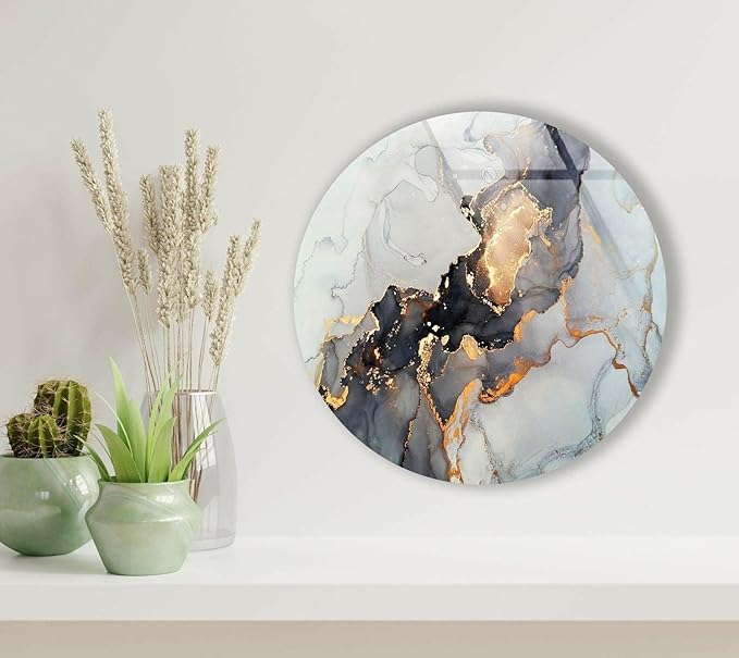 My Photostation.com 27.5''(70cm) Diameter Gold Details Gray Marble Round Glass Wall Art Tempered Glass Printing Wall Decor Large Wall Art Wall Hangings