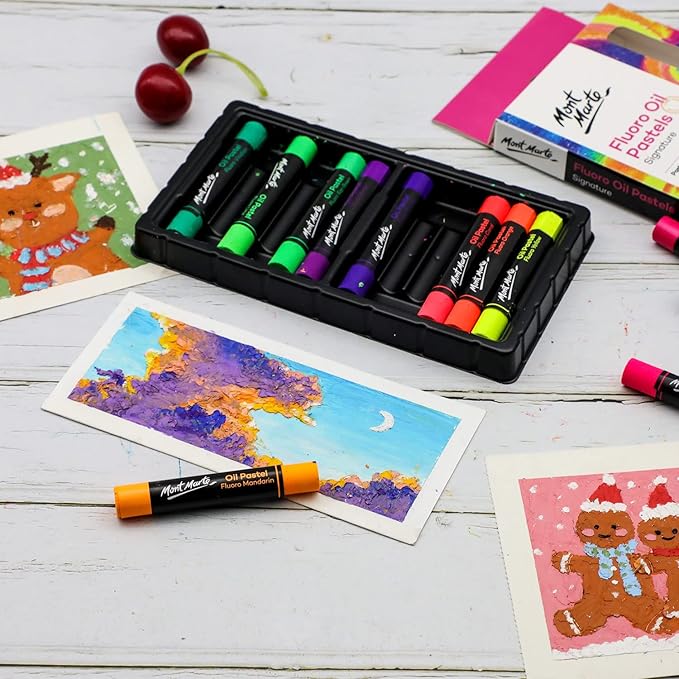 Mont Marte Fluoro Oil Pastels Signature 12pc, 12 Assorted Colors, Vibrant Oil Pastel Set, Great Blending and Layering, Ideal for Art, Craft, Coloring and Sketching