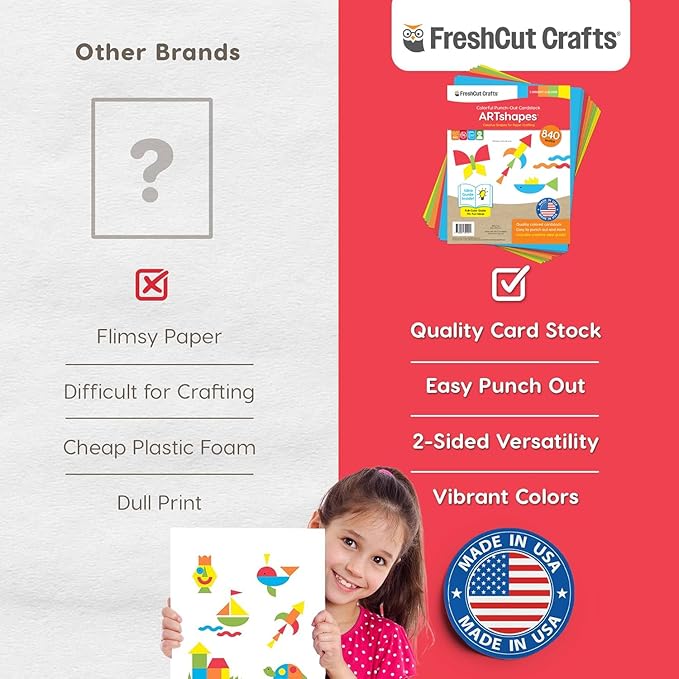 ARTshapes 840 pc Creative Paper Shapes Pack with 70+ Idea Guide - US Made Card Stock - Punch Out Funky DIY Craft Supplies for Whimsical Art Designs, Paper Crafts, and Pattern Play 5 Bright Colors