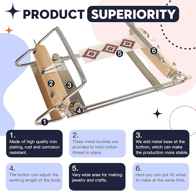 INDIVSHOW Adjustable Bead Loom,Seed Bead Loom Kit Includes Thread,Beading Needles, 8000 Grains Czech Beads,Calipers, Thimble,Yarn Scissors for Adults Kit,Bracelet Making Kit