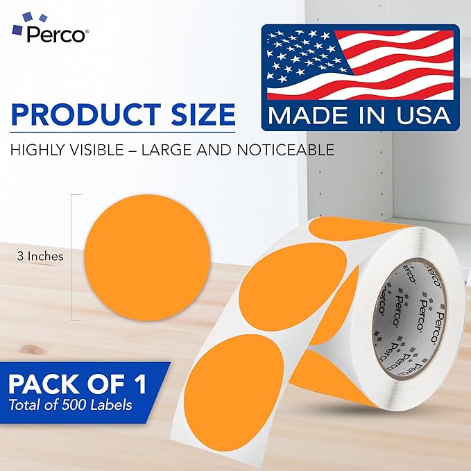 Perco Fluorescent Orange 3-Inch Round Circle Dot Sticker Labels with Easy Peel Perforation - 500 Labels per Roll - Strong Adhesion, Vibrant Colors for Organizing, Crafting & More - Made in USA