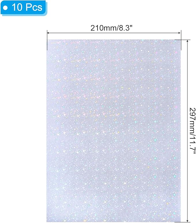 PATIKIL 11.7x8.3" Holographic Sticker Paper, 10Sheets A4 Polypropylene Self-adhesive Transparent Waterproof Laminate Overlay Film for Photo Cards Scrapbook Decorations, Starlight