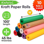 18" x 1200" (100 ft) Pack of 10 Rolls USA-Made Multi-Color Kraft Paper Rolls, 45 lbs/66 GSM – Colored Kraft Paper for Packing, Crafts, DIY Projects, Gift Wrapping – Non-Toxic, Safe for Kids