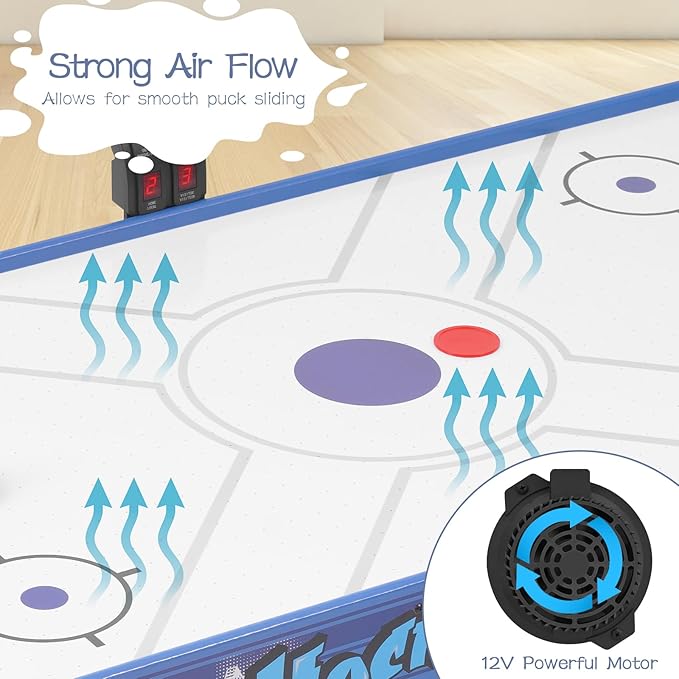 58" Foldable Air Hockey Table, Folding Indoor Hockey Game Table for Adults&Kids, Portable Arcade Game Set w/ 2 Pucks, 2 Pushers, LED Scorer, Powerful by 12V Motor for Game Room, Home, Office