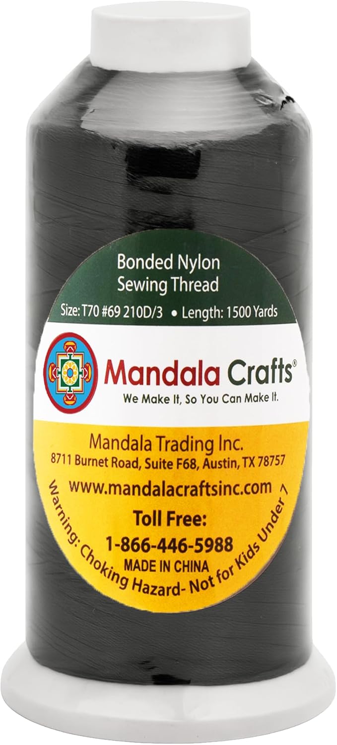 Mandala Crafts Bonded Nylon Thread Black Heavy Duty Sewing Threads - 1500 YDs Size 69 210D T70 Tex 70 Thread for Leather Jeans Weaving Outdoor Marine Upholstery Threads