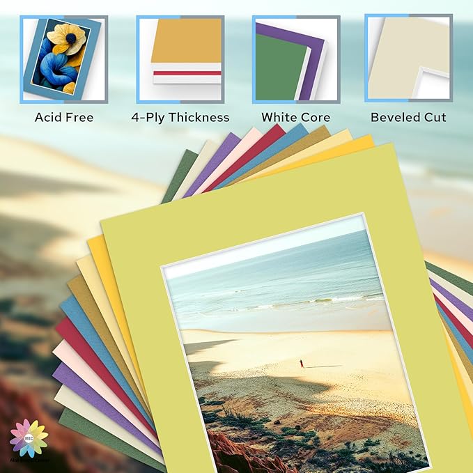 Mat Board Center, Pack of 10, 11x14 for 8x10 Mix Color Mat Kit - Acid Free, 4-ply Thickness, White Core - Includes Backing Boards and Clear Bags - for Pictures, Photos, Framing
