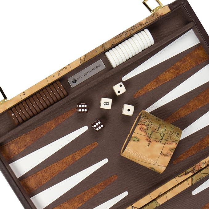 Get The Games Out Backgammon Set, Classic Board Game Case, 2 Players, Includes Strategy & Tip Guide, Perfect for Parties and Family Game Nights - Large, Map