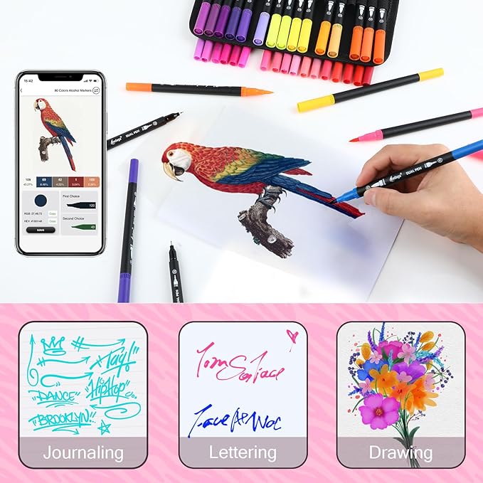 80 Colors Numbered Dual Tip Brush Pens with Free App, Fine and Brush Tips Pens for Adults and Kids, Coloring Markers for Coloring Book Bullet Journaling Note Taking Planner Hand Lettering