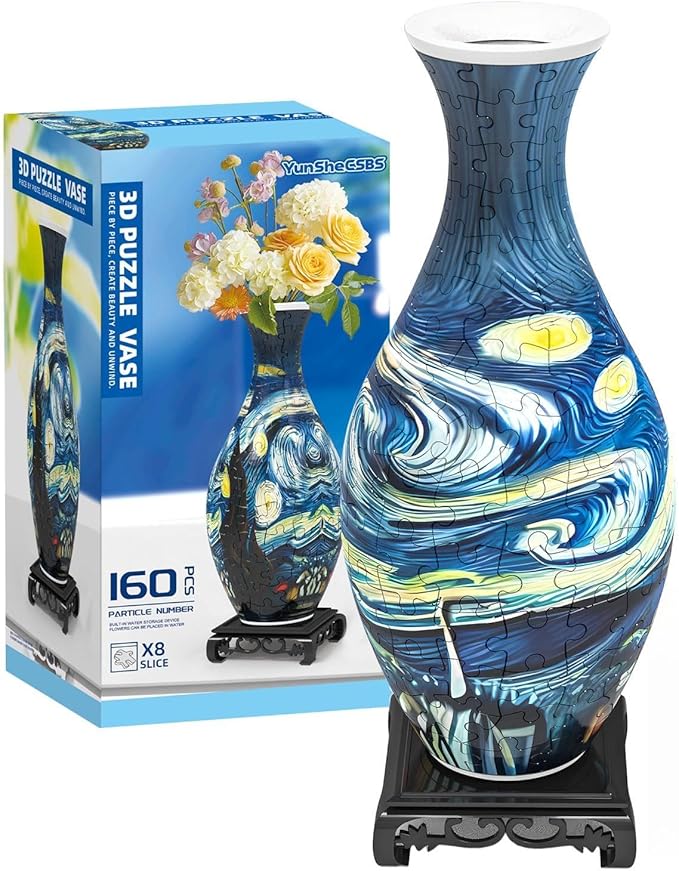 3D Puzzles Vase for Adults, Crafts for Adults, 160 Pieces Plastic DIY Unique Flower Vase with LED Light House Warming Gift Birthday Gifts for Flower Arrangements and Home Decor (Blue)