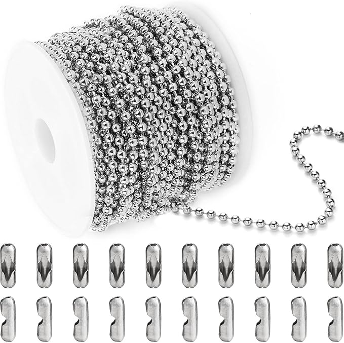 Jishi Steel Ball Chain Bead Dog Tag Chain Beaded Necklace Chains for Jewelry Making Bracelet Military Crafts, Silver Metal Pull Chain Small Ball Bead Chain Roll w/20 Connectors (Silver, 33ft 3.0mm)